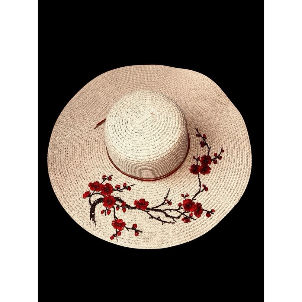 Wide Brim Pink Straw Sun Hat With Red & Black Delicate Floral Embroidery Design - Picture 1 of 8